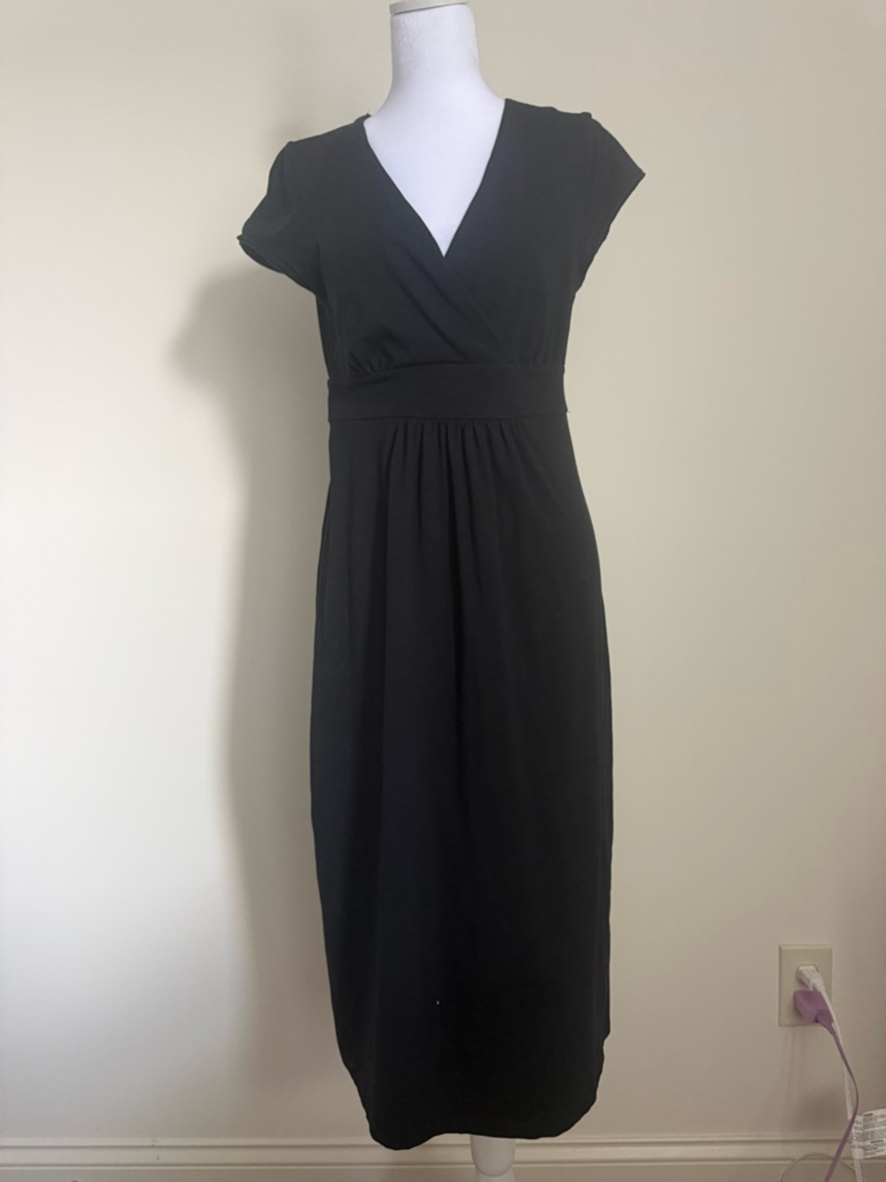 Boden Black V‑Neck Cap Sleeve Midi Dress 6 Long Cotton
